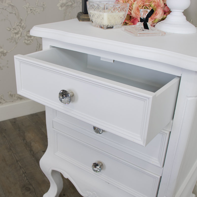 Ornate White 3 Drawer Bedside Chest - Elise White Range