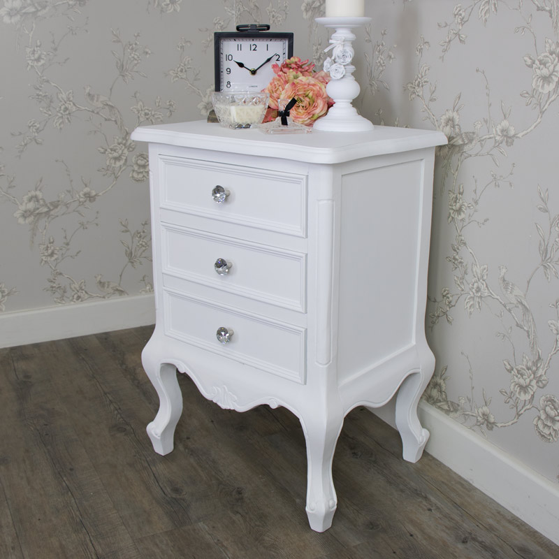 Ornate White 3 Drawer Bedside Chest - Elise White Range