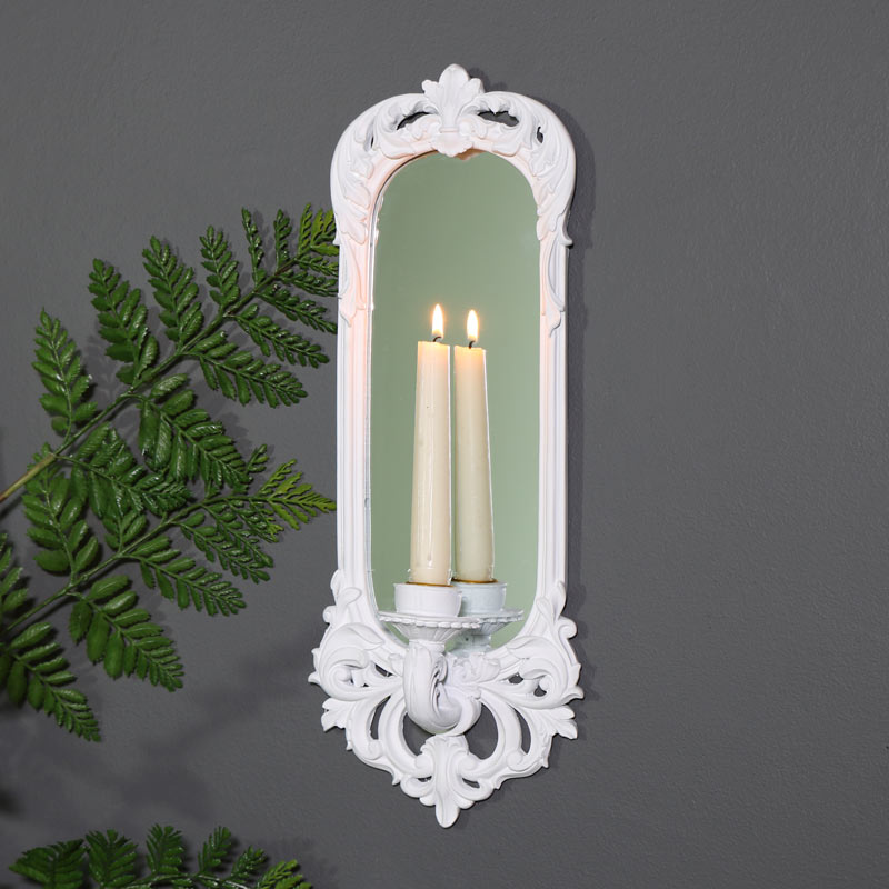Ornate White Wall Mirror Candle Sconce - Wall Mounted Candle Sconces Uk