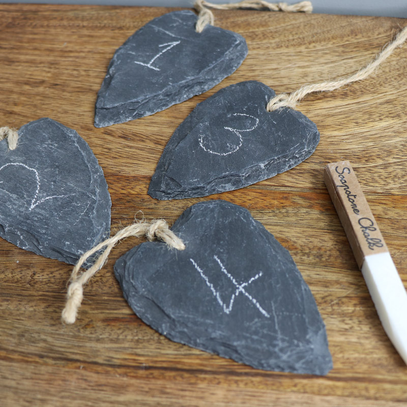 Pack of 4 Grey Slate Hanging Heart Tags with Chalk