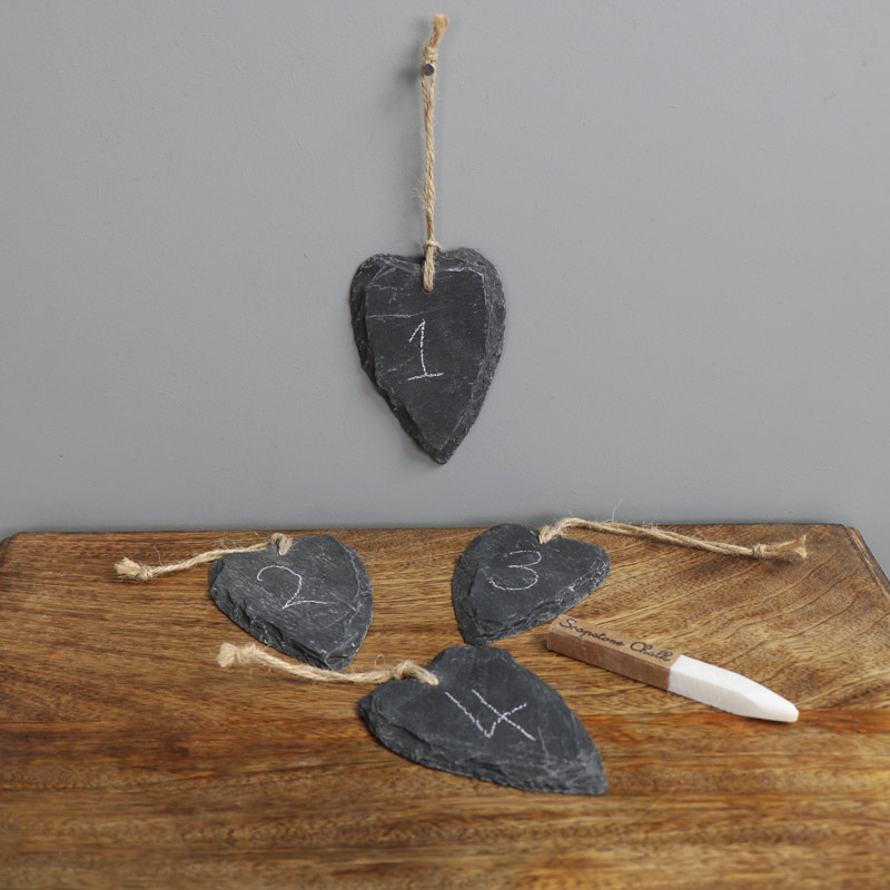 Pack of 4 Grey Slate Hanging Heart Tags with Chalk