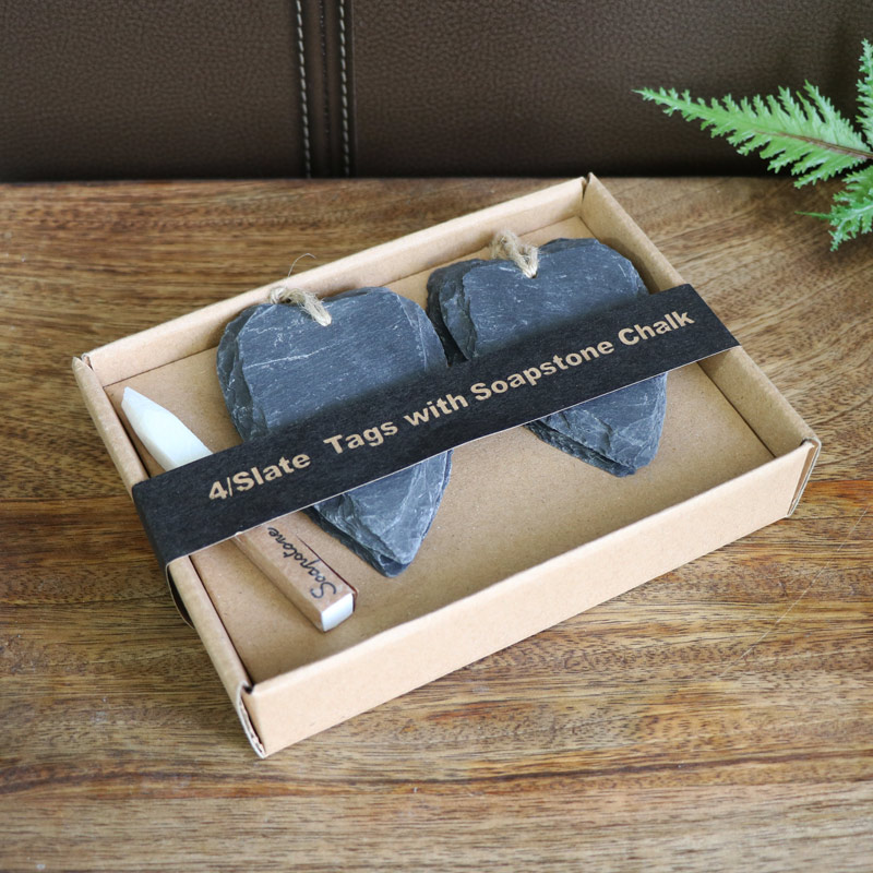 Pack of 4 Grey Slate Hanging Heart Tags with Chalk