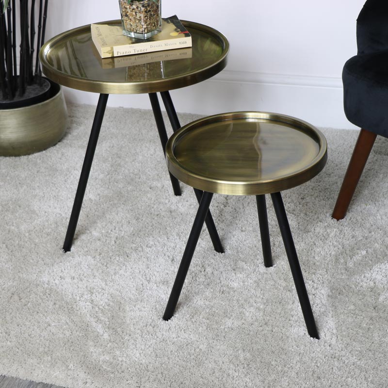 Pair Of Black Gold Round Side Tables, Round Occasional Tables