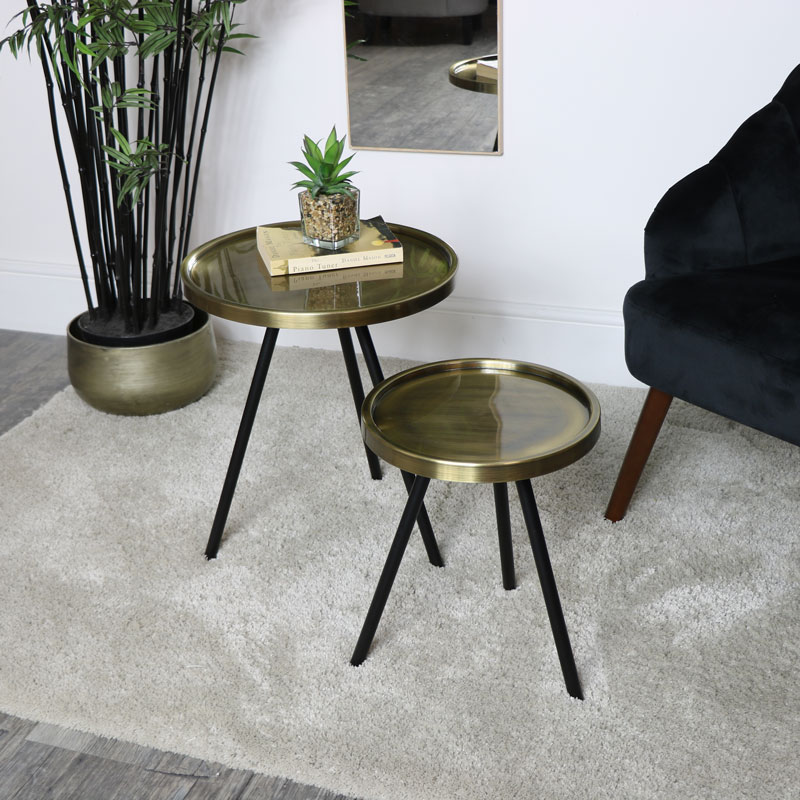 Pair Of Black Gold Round Side Tables, Round Accent Tables For Living Room