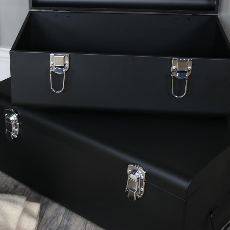 Pair of Black Metal Storage Trunks