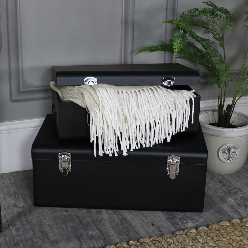 Pair of Black Metal Storage Trunks