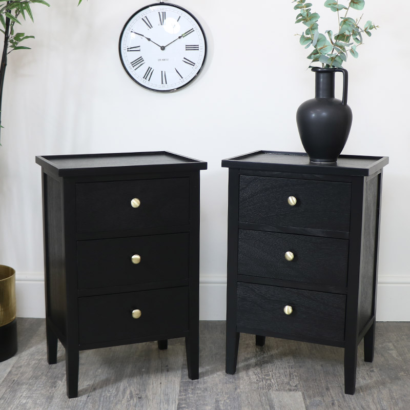 Pair of Black Pine Wood 3 Drawer Bedside Tables