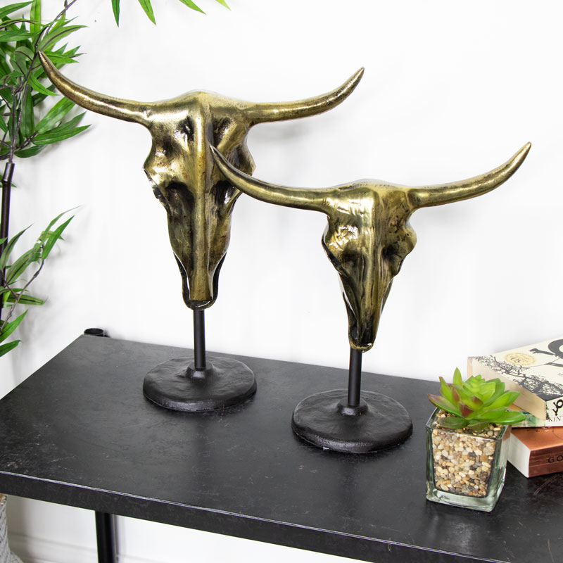 Pair of Distressed, Decorative, Bronze Buffalo Skulls 