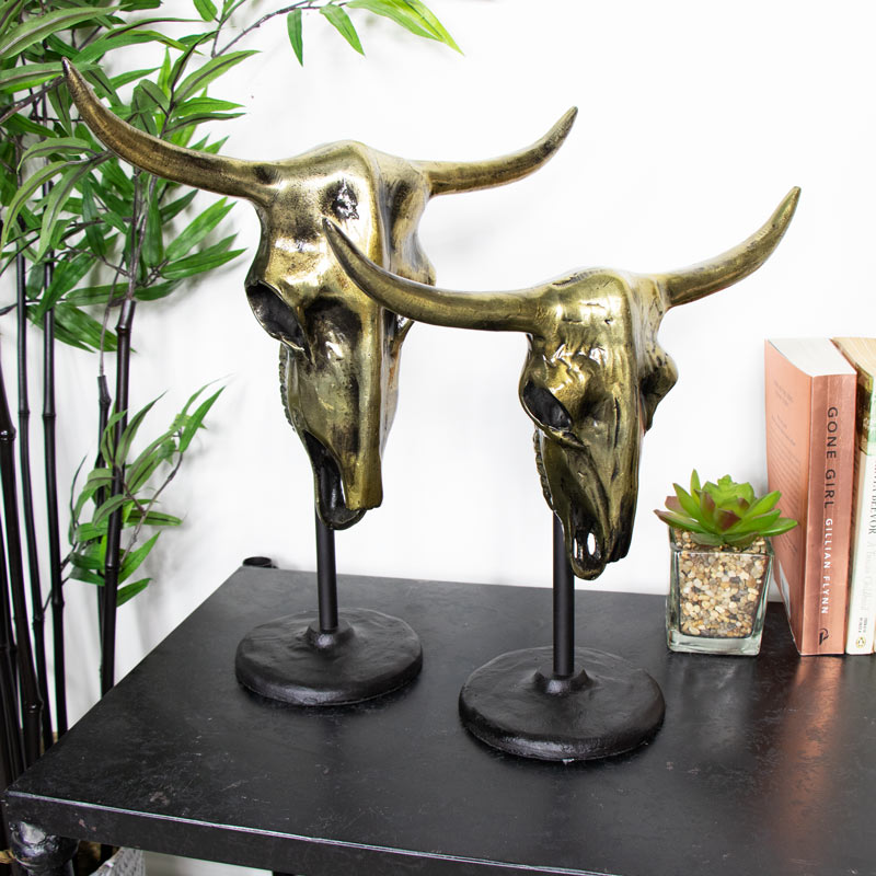 Pair of Distressed, Decorative, Bronze Buffalo Skulls 