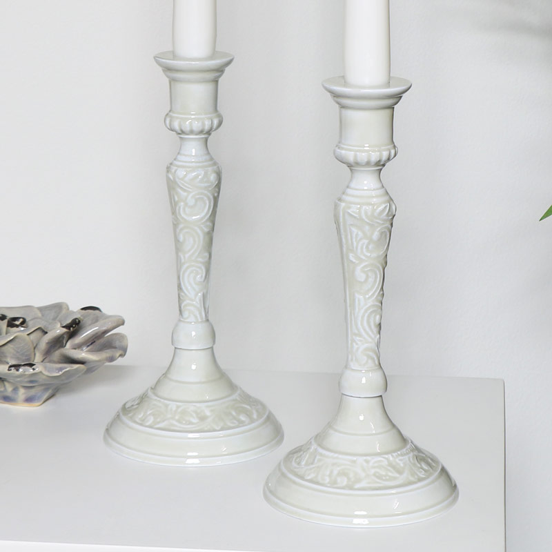 Pair of Embossed Grey Metal Candlesticks