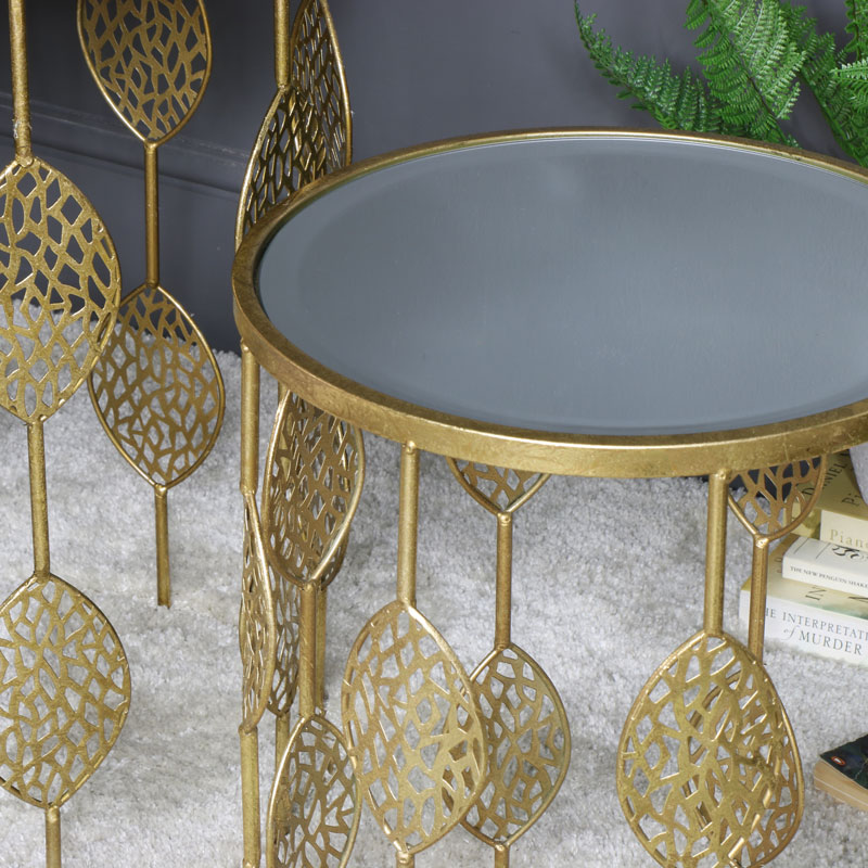Pair Of Gold Mirrored Side Tables - Wide Gold Leaf Round Coffee Table Pair Of Gold Mirrored Side Tables - Wide Gold Leaf Round Coffee Table