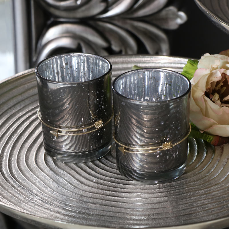 Pair of Grey Glass Tealight Candle Holders