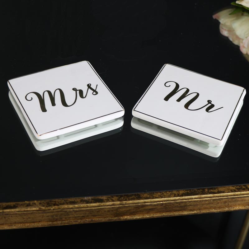Pair of Mr & Mrs White Ceramic Coasters