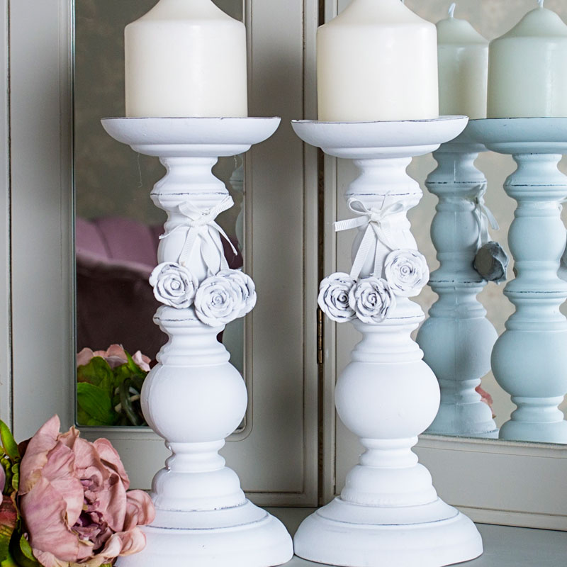 Pair of Ornate White Rose Candle Holders