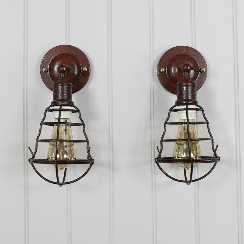 Pair of Rustic Industrial Caged Wall Lights