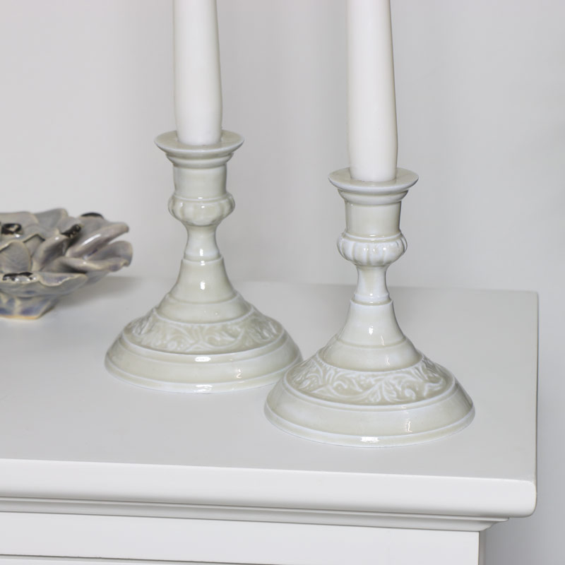 Pair of Short Embossed Grey Candlesticks