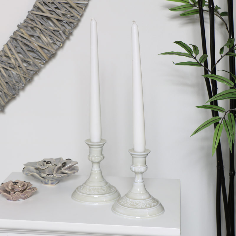 Pair of Short Embossed Grey Candlesticks