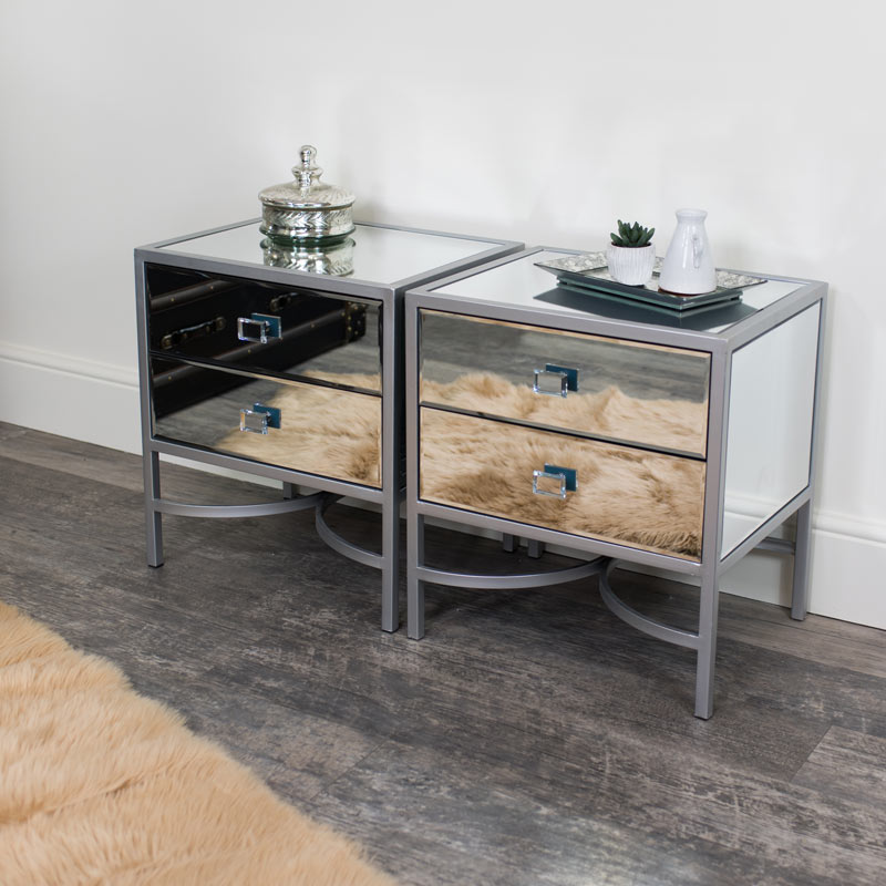Pair Of Silver Mirrored Bedside Tables Occasional Tables Thalia Range