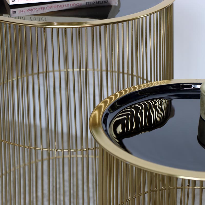 Pair of Tall Black & Gold Wire Side Tables with Basket Storage