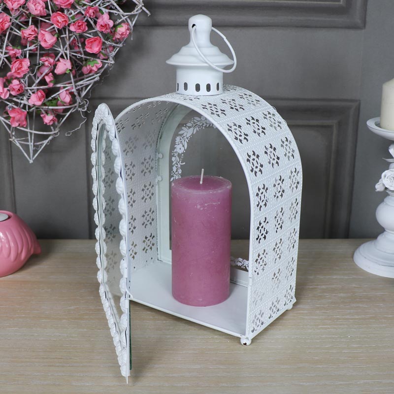 Pair of Ornate White Arched Candle Lanterns