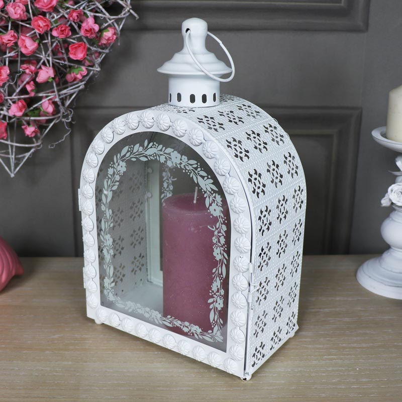 Pair of Ornate White Arched Candle Lanterns