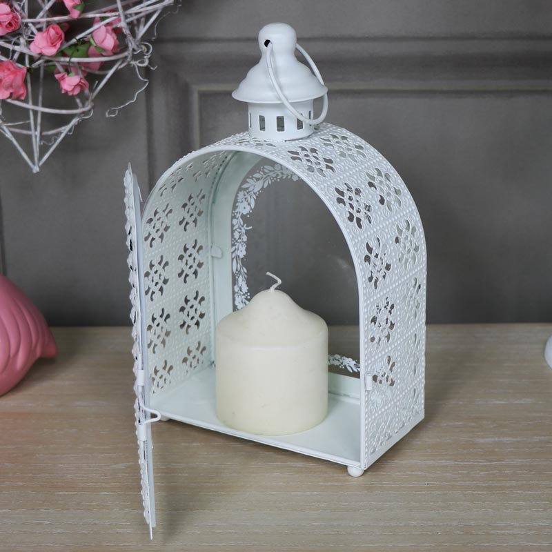 Pair of Ornate White Arched Candle Lanterns