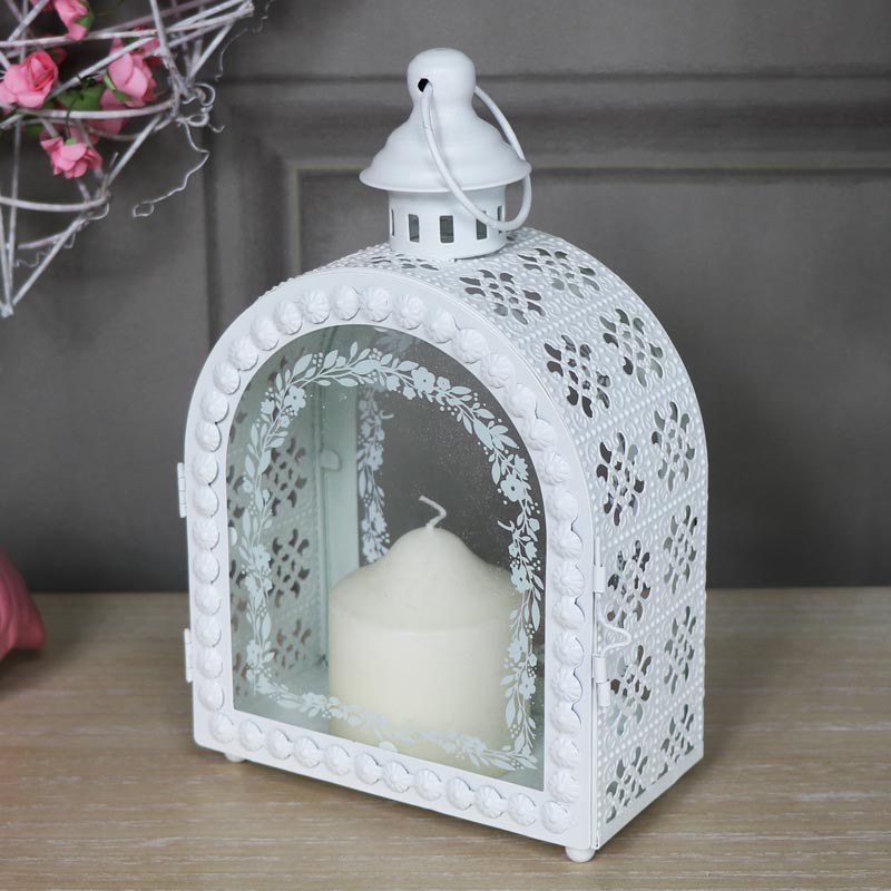 Pair of Ornate White Arched Candle Lanterns