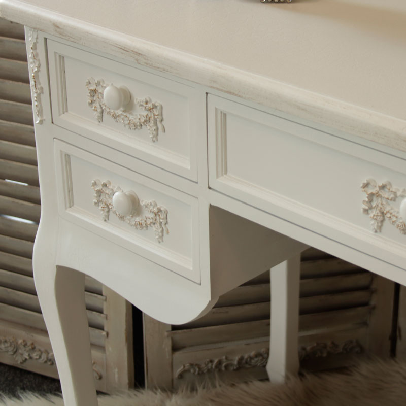 ' Pays Blanc ' Large 5 drawer antique white dressing table / writing desk distressed computer