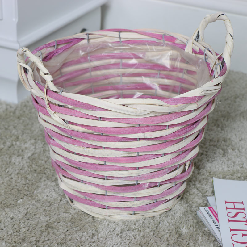 Pink & Natural Wicker Woven Waste Paper Bin