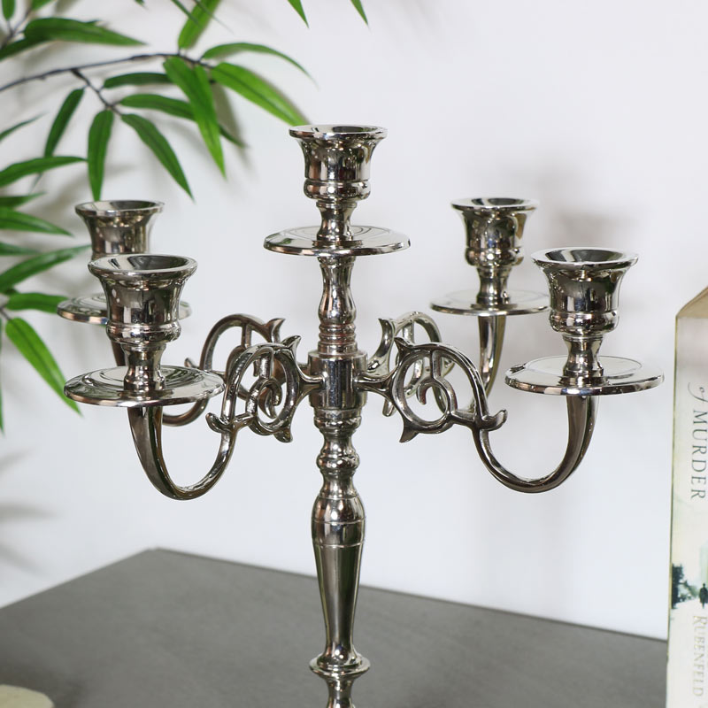 Polished Silver 5 Arm Candelabra