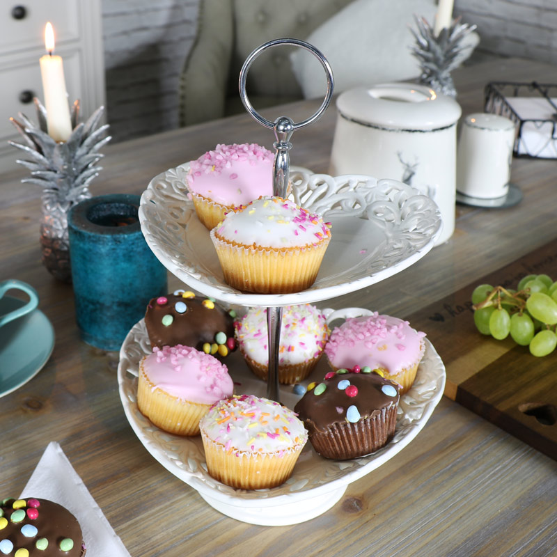 Pretty 2 Tier Cream Heart Cake Stand