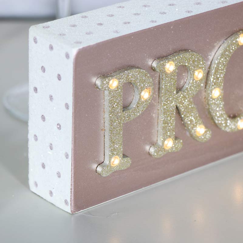 Pretty Pink 'Prosecco' Freestanding Wooden Light Up Plaque