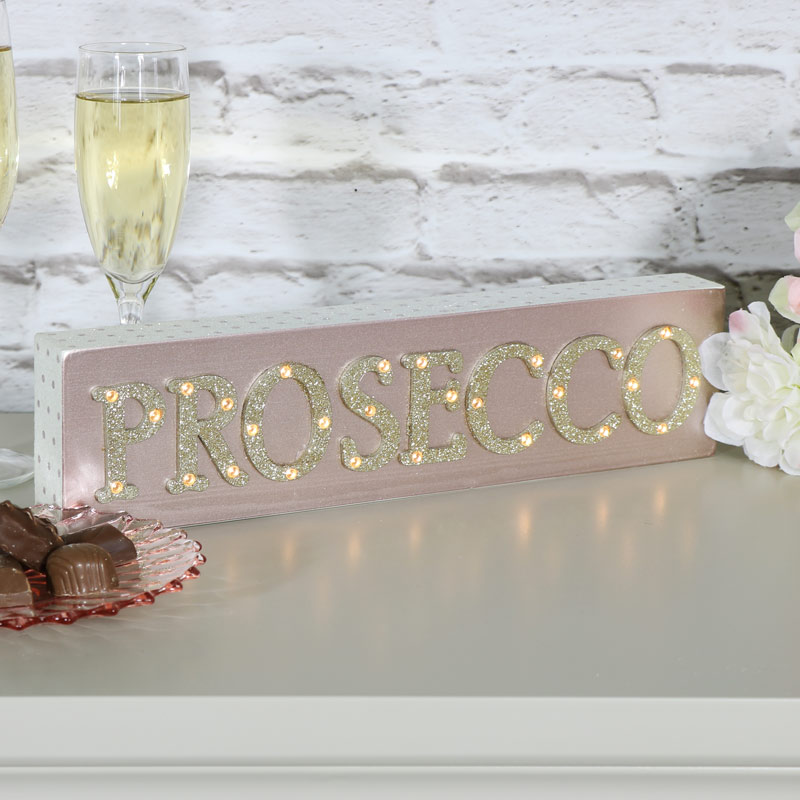 Pretty Pink 'Prosecco' Freestanding Wooden Light Up Plaque