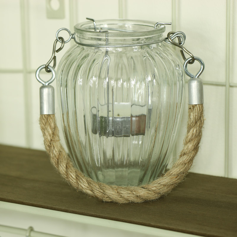 Ribbed Glass Candle Pot with Rope Hanger