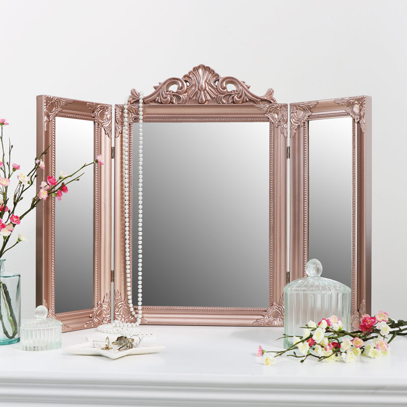 Rose Gold Pink Ornate Dressing Table, Triple Vanity Mirror White