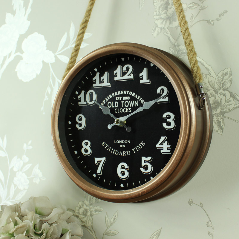 Round Copper Wall Clock on Rope Hanger