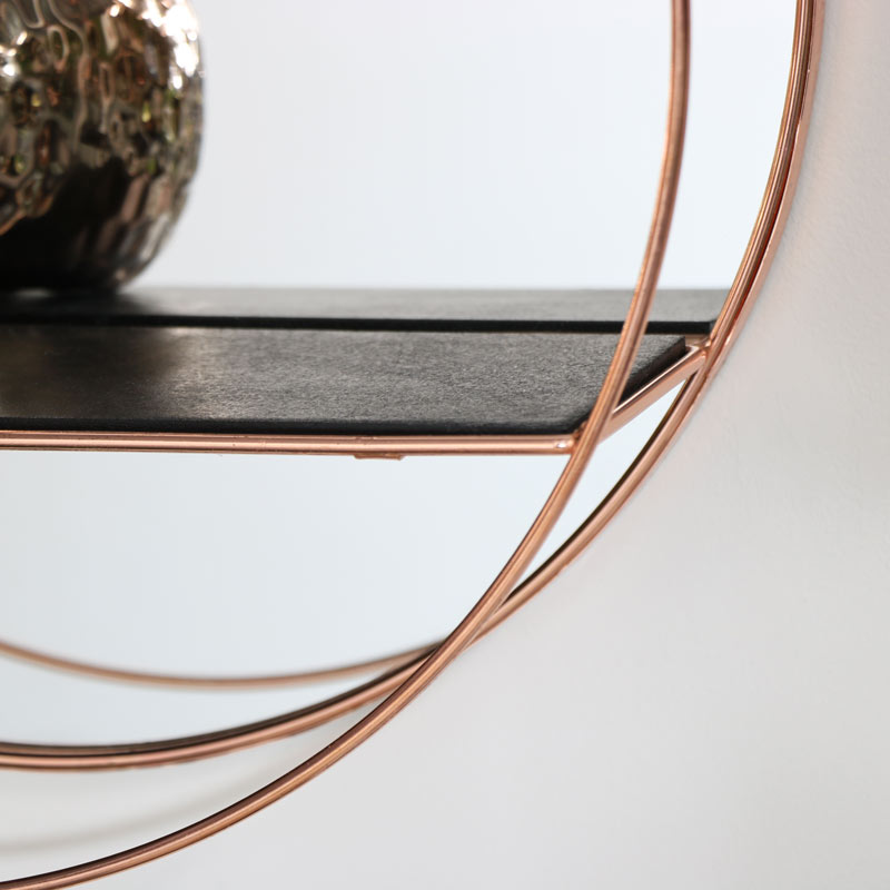 Round Copper Metal Wall Shelf Mirror Display Shelving Modern Contemporary Decor - Round Copper Wall Shelf With Mirror