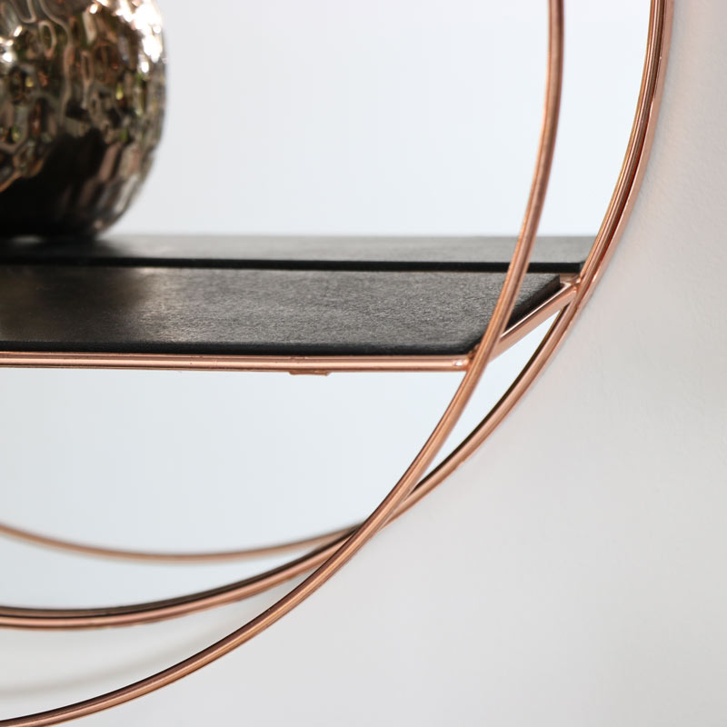 Round Copper Metal Wall Shelf Mirror Display Shelving Modern Contemporary Decor - Round Copper Wall Shelf With Mirror Round Copper Metal Wall Shelf Mirror Display Shelving Modern Contemporary Decor - Round Copper Wall Shelf With Mirror
