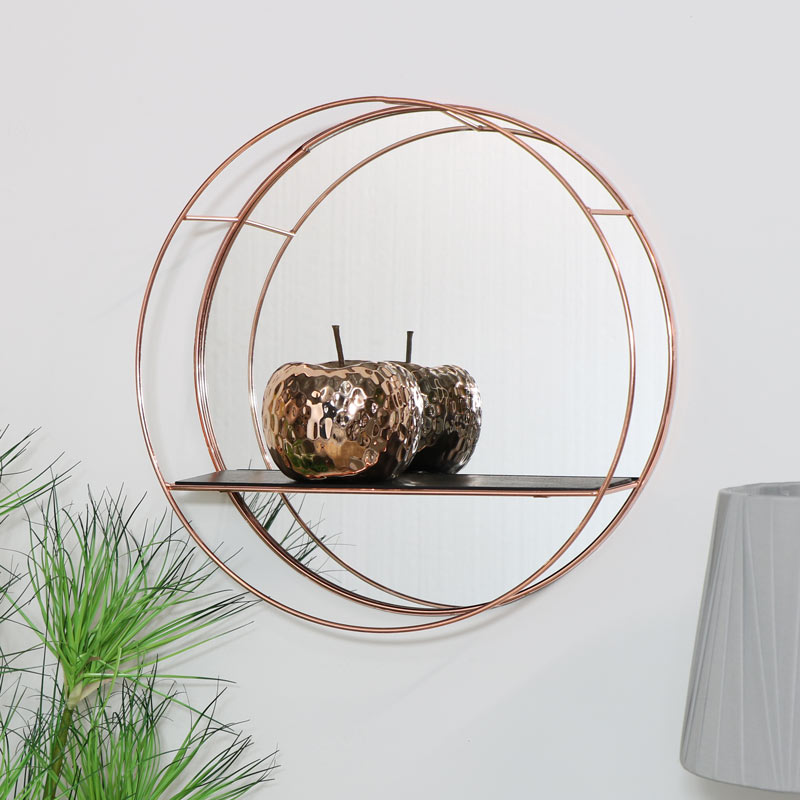 Round Copper Wall Shelf With Mirror - Round Copper Wall Shelf With Mirror