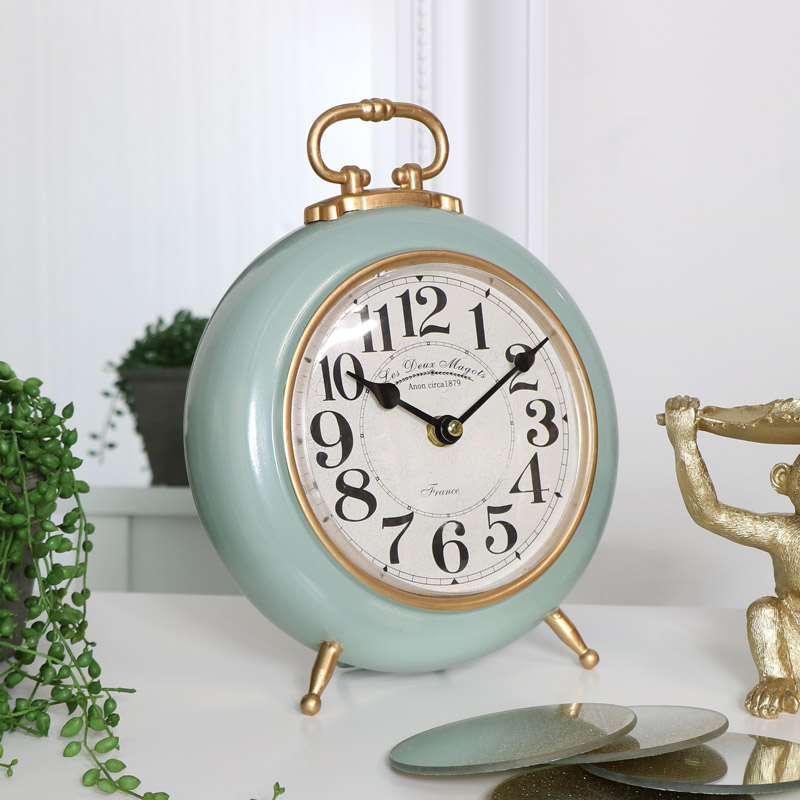 Round Green & Gold Mantel Clock
