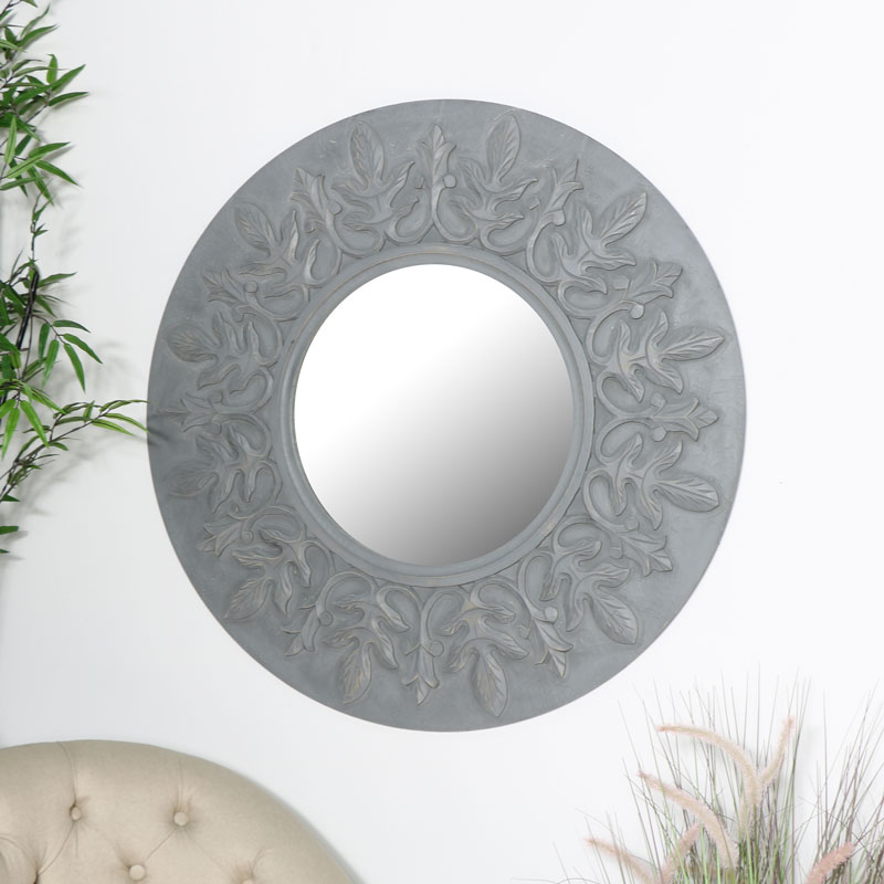 Round Grey Wall Mirror with Fleur de Lis 90cm x 90cm