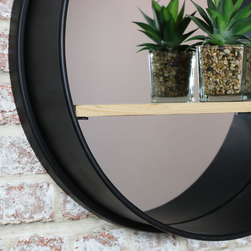 Round Wall Mirror with Shelf and Industrial Metal Frame 49cm x 49cm