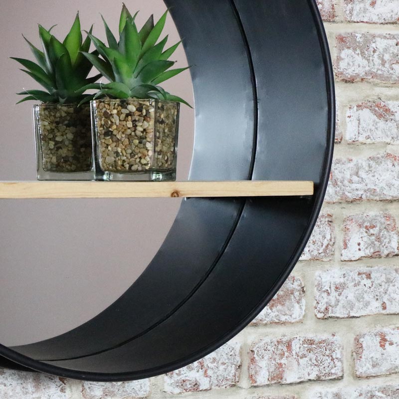 Round Wall Mirror with Shelf and Industrial Metal Frame 49cm x 49cm