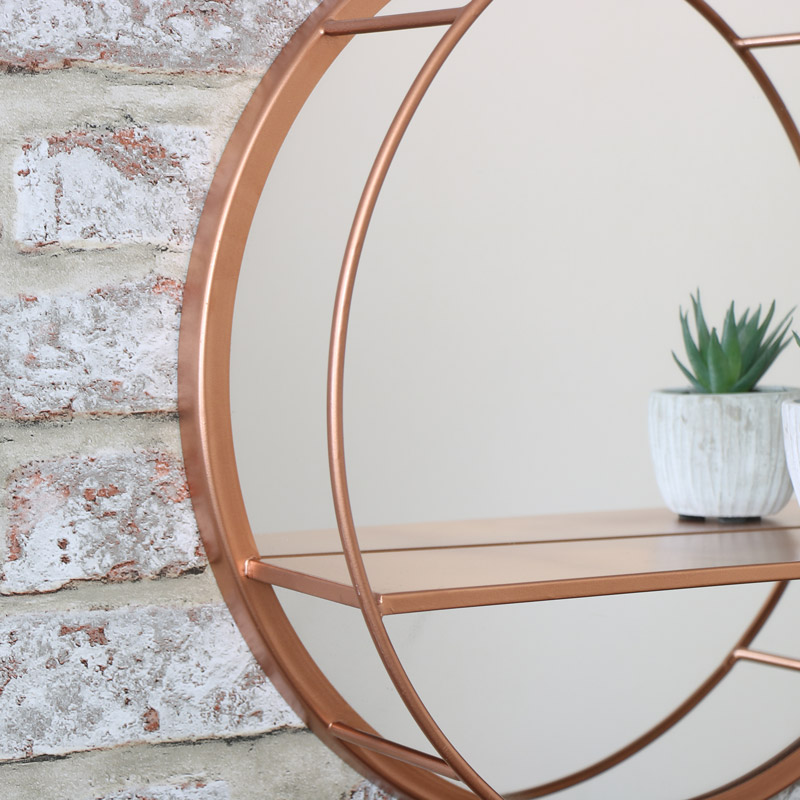 Round Mirrored Copper Wall Shelf - Round Copper Wall Shelf With Mirror