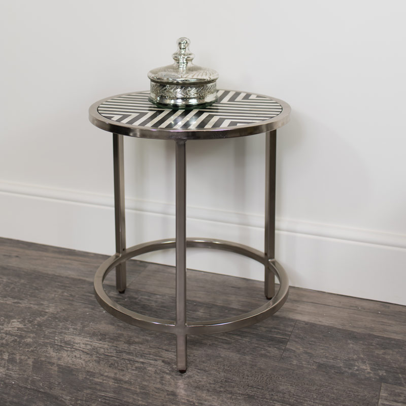 Round Silver Monochrome Side Table, Round Silver Side Table