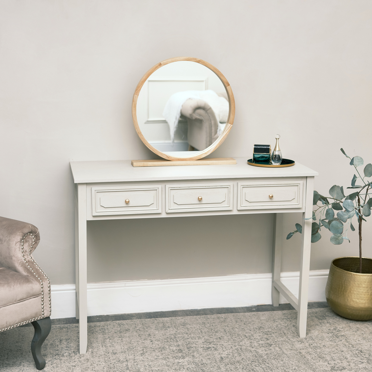 Round Wooden Freestanding Table Top Mirror