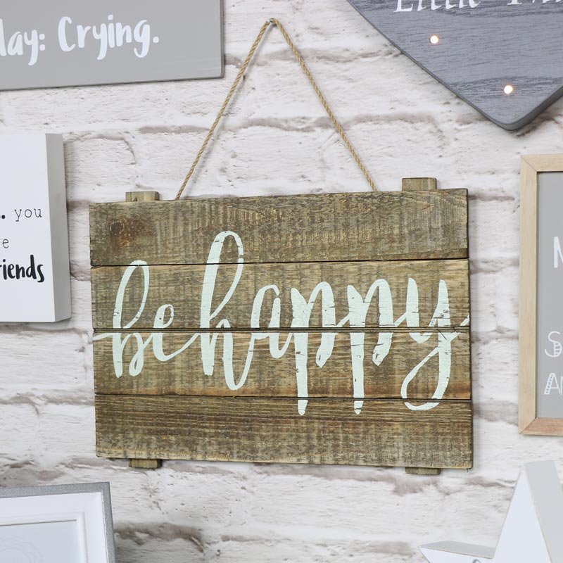 Rustic 'Be Happy' Wooden Wall Plaque