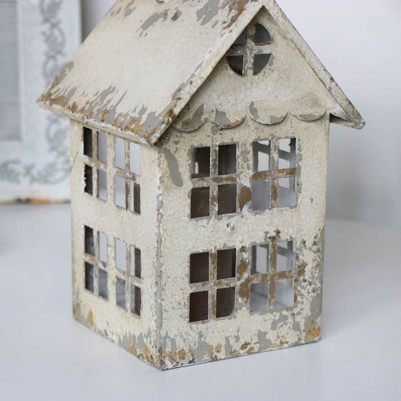 Rustic Cream Metal House Candle Lantern