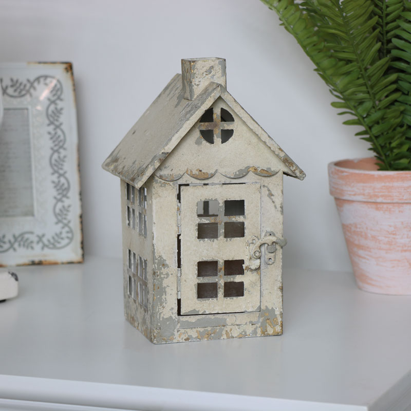 Rustic Cream Metal House Candle Lantern