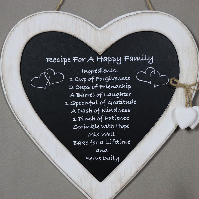Rustic Hanging Heart Plaque "Recipe for a Happy Family"